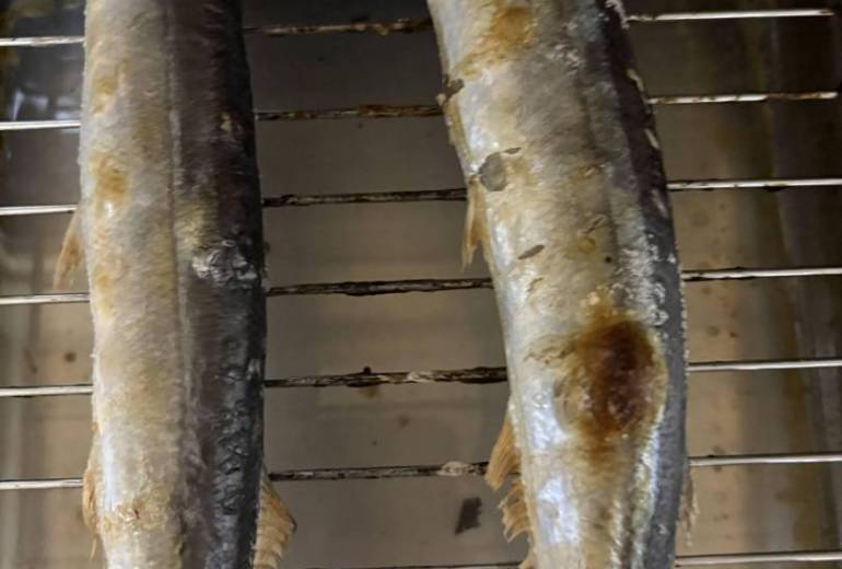 生秋刀魚焼く