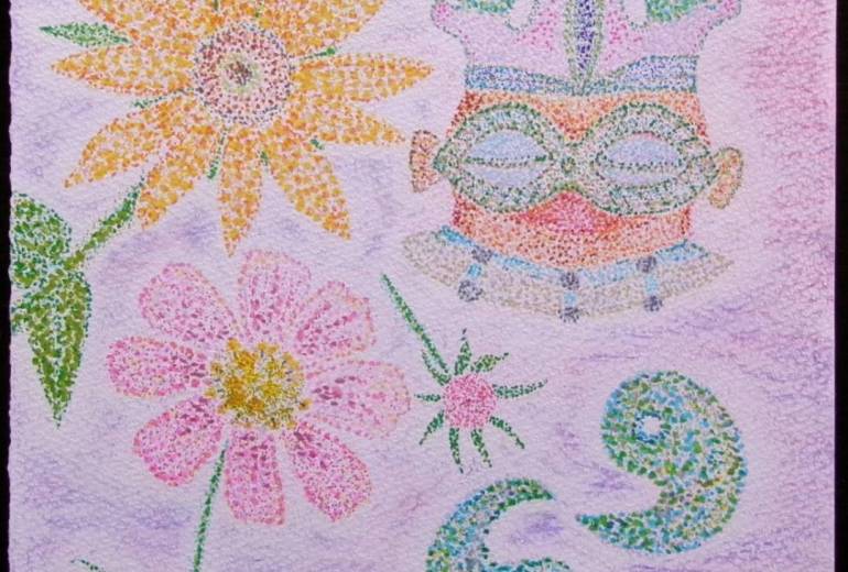 勾玉と日回り後、秋桜と思ひ寄す遮光器土偶さん。