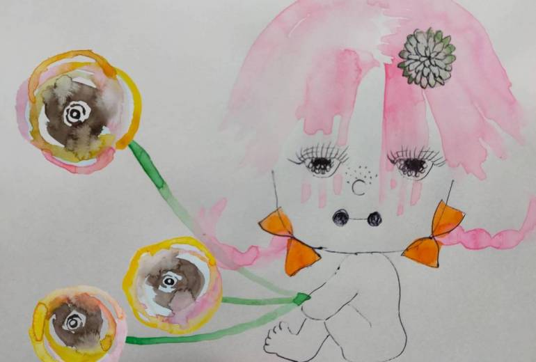 少女と花　ピンクヘアー