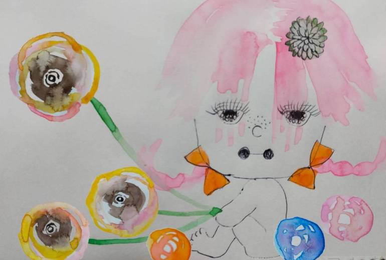 少女と花　ピンクヘアー　＋小さな花