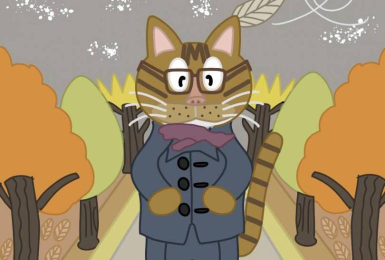 猫が並木道を歩いている所