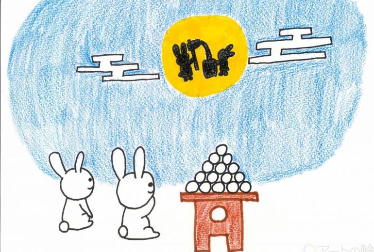 ハート　お月見をするウサギ