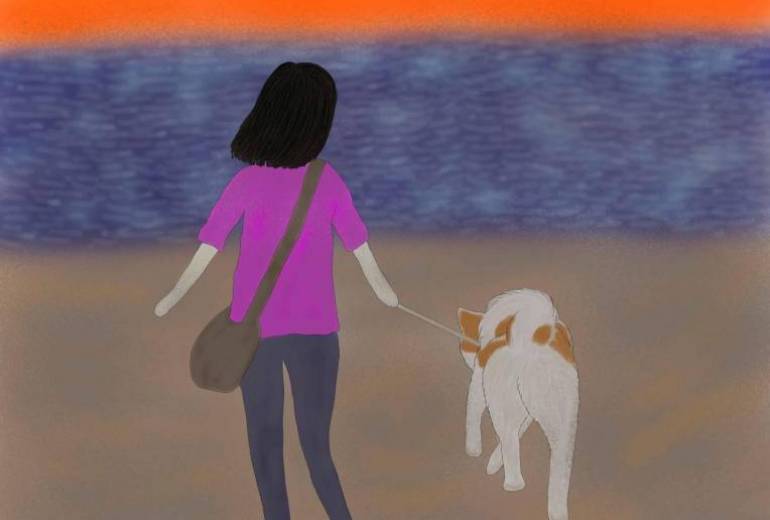 夕日に向かって（秋田犬・赤毛）