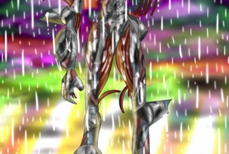 壊れた機体の前で