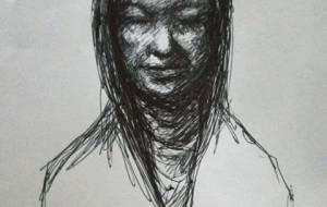 初老の障がい者の女性（彼女の瞳は光を、でも彼女はいつも愛するたくましい我が子の声を聞いてる、ボールペンドローイング） - 真鍋哲地 