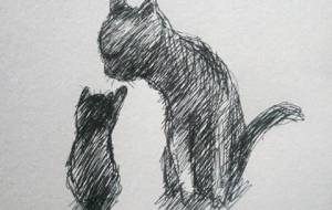 音が聞こえない母猫と子猫のドラマ、(命の愛する気持ち)障がい者ドローイングアートシリーズ - 真鍋哲地