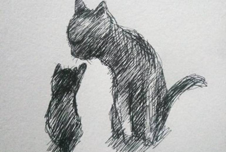 音が聞こえない母猫と子猫のドラマ、（命の愛する気持ち）障がい者ドローイングアートシリーズ