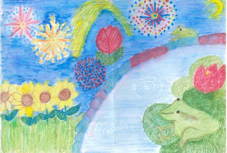 池とカエルと花火