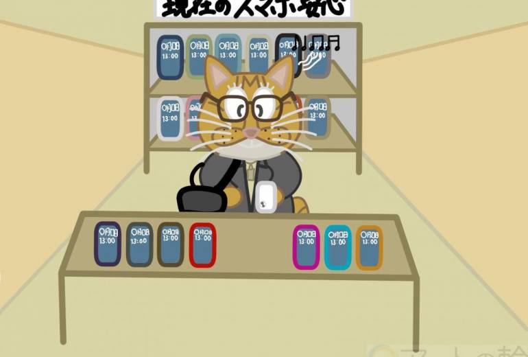 猫が携帯ショップでスマホを選んでいる所