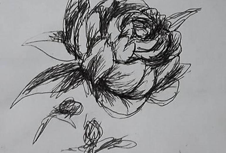 寒花、落書きドローイング障がい者アート作品、もったいないから棄てるような少し汚い紙に描いた