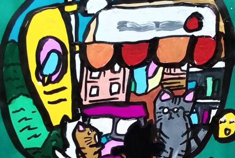 スノードームの中の猫が集まる老舗の駄菓子屋さん