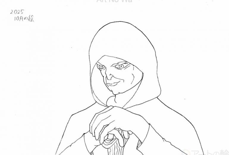 マントを被り杖をつく老人