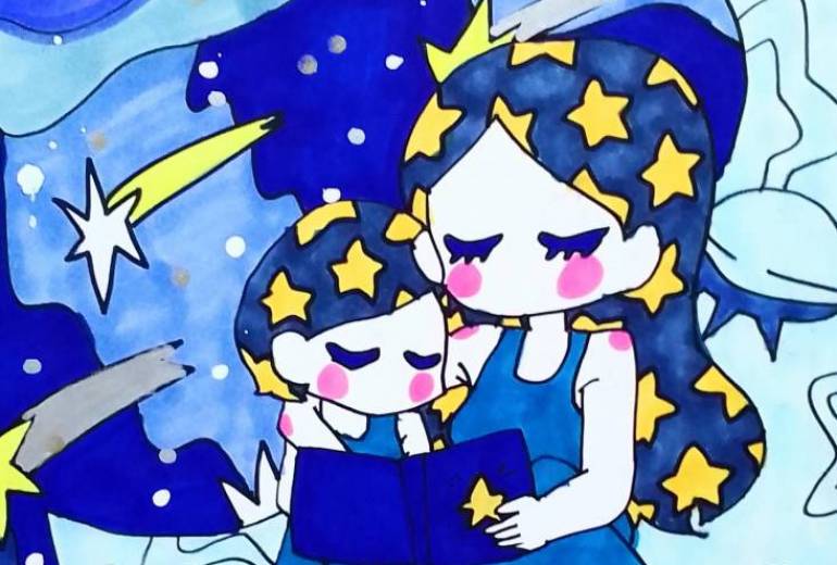 月の上で読み聞かせ