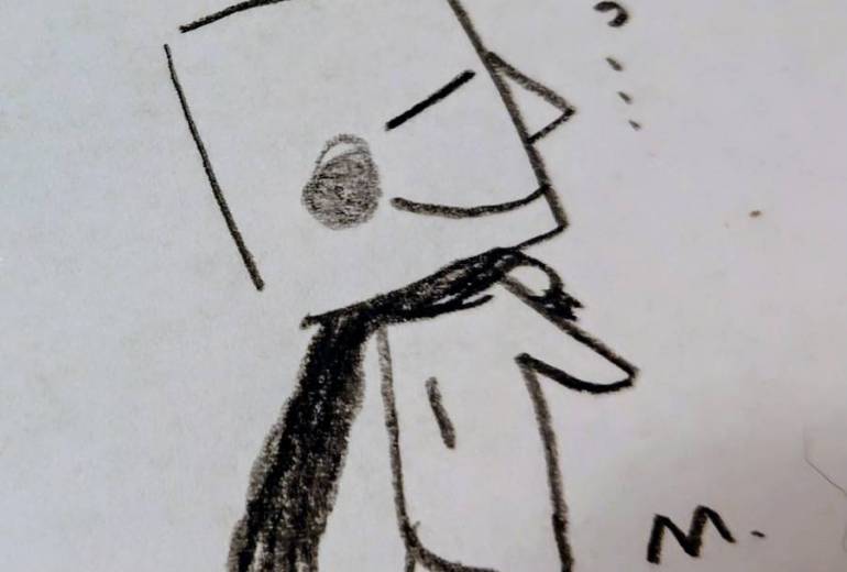 モアイ君。思い出し笑い。