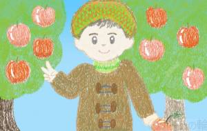 冬の冬馬、りんご畑でⅤサイン - ちろ 