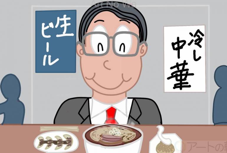 サラリーマンが食堂で御飯を食べている所