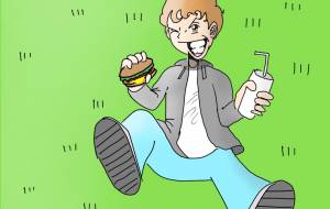 野原でハンバーガーとドリンクを食す男の子 - 金垣魯文 