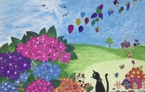 アジサイと猫 - 赤﨑ゆみ子 