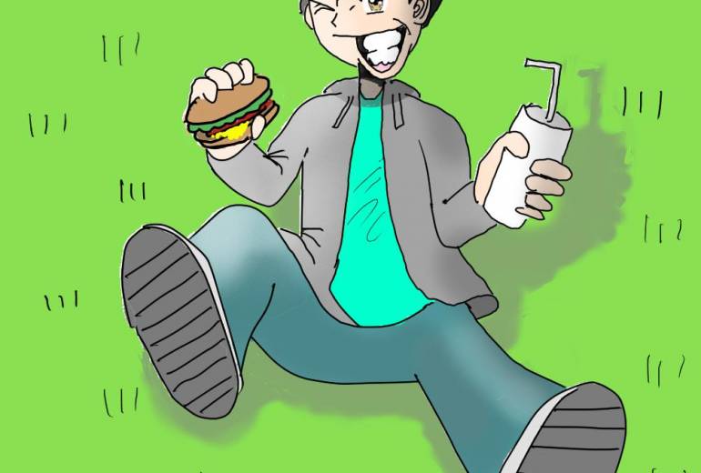 野原でハンバーガーとドリンクを食す男の子ver2.0