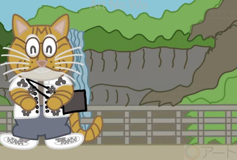 茶トラ猫と絶景の滝