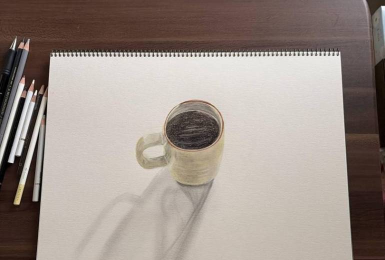 コーヒー入りのマグカップの3Dアート