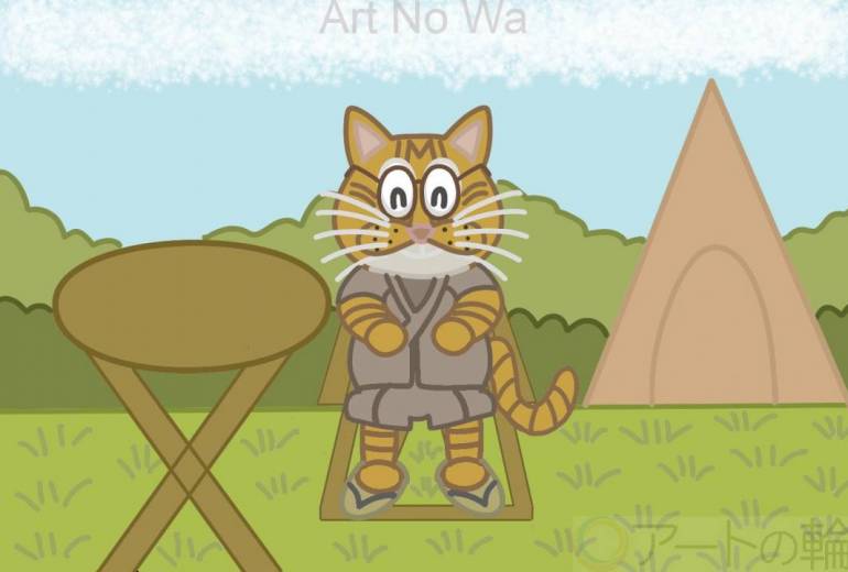 茶トラ猫がキャンプ場でアウトドアを楽しんでいる所