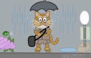 茶トラ猫が雨の中でバスを待っている所 - アクター 