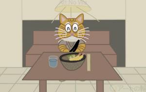 茶トラ猫が蕎麦屋さんで天ぷら蕎麦を食べている所 - アクター 